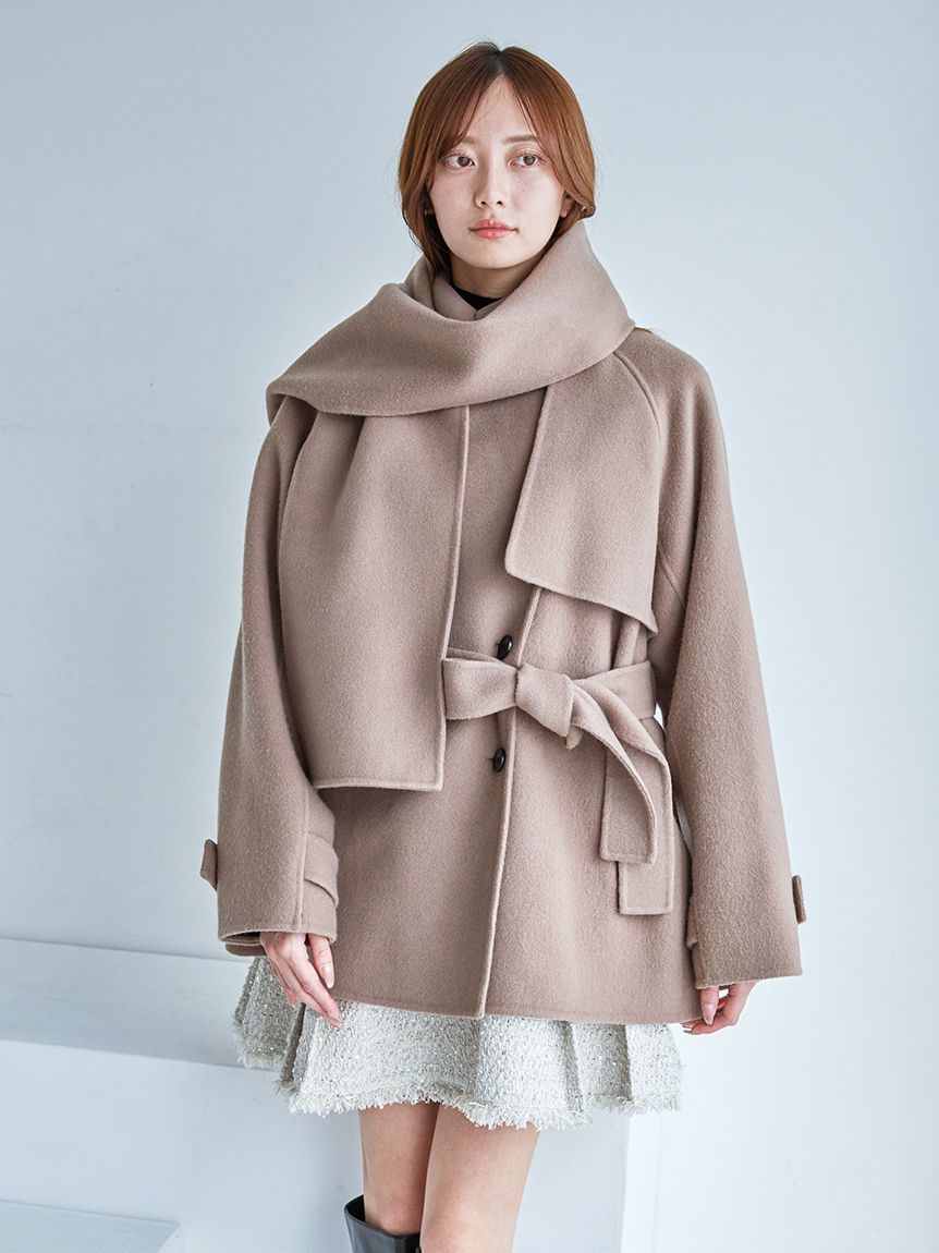 HIGH QUALITY】スカーフ付きウールミドルコート(コート)｜アウター