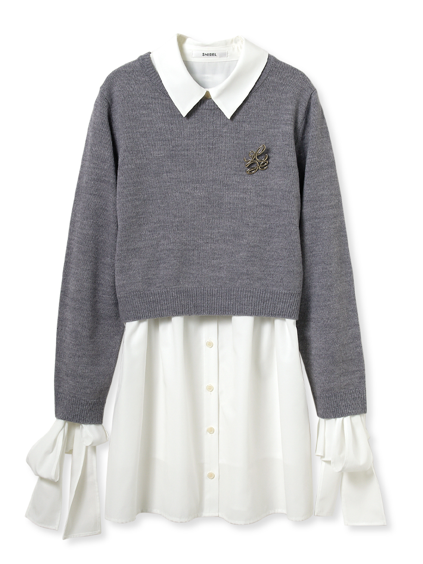 ニットセットブローチ付きミニシャツワンピース(ミニワンピース