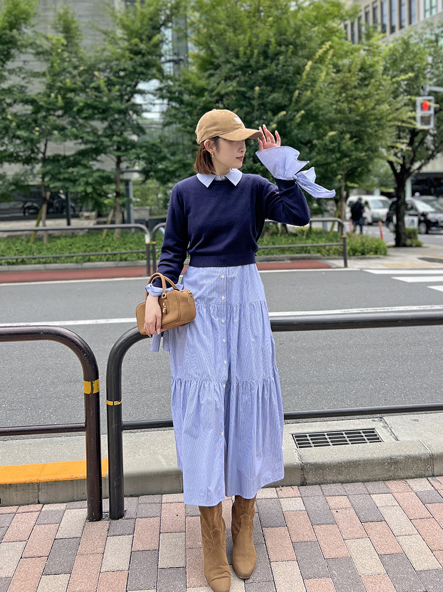 ニットセットブローチ付きロングシャツワンピース(マキシ・ロング