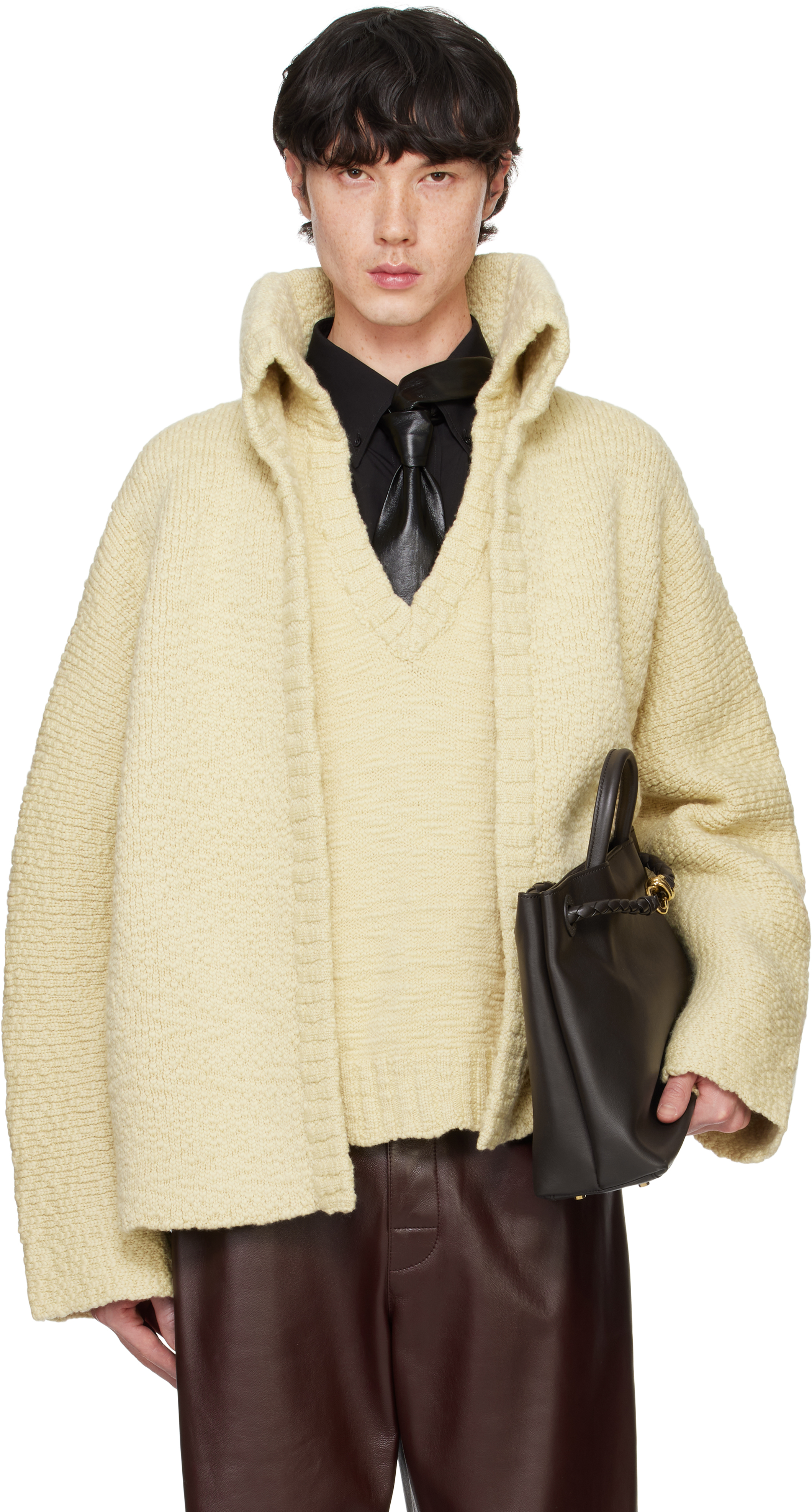 Bottega Veneta: Yellow Textured Wool Double Layer Cardigan | SSENSE