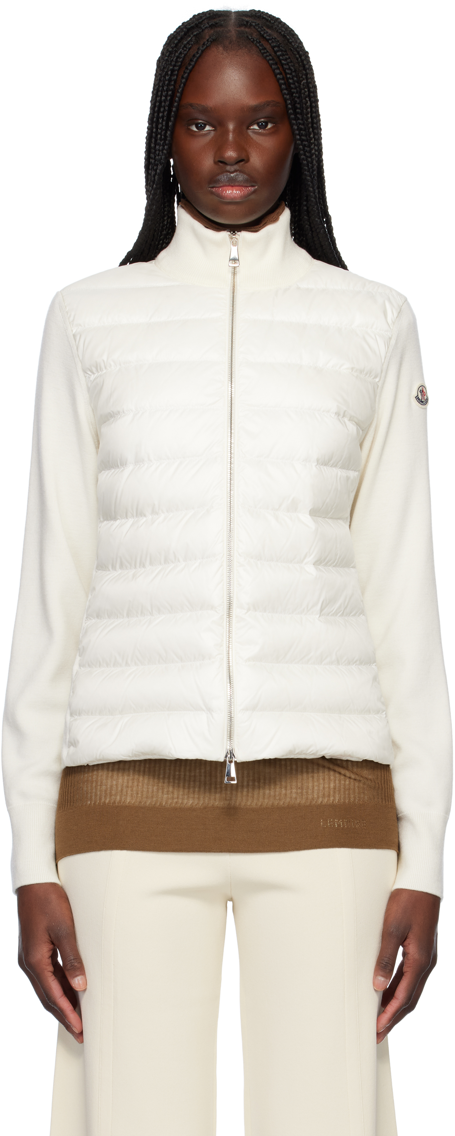 Moncler: オフホワイト パデッド ウール ジップアップ ダウン