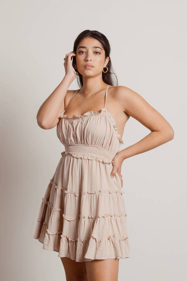 White Mini Dress - Tiered Babydoll Dress - Beige Ruffle Skater Dress