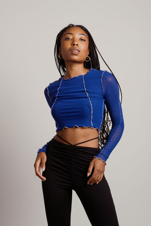 Blue Exposed Stitch Crop Top - Long Sleeve Mesh Crop Top - Lettuce