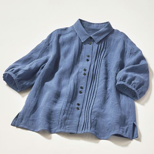 壺草苑 天然藍染・バンドカラーリネンシャツ | ライトアップオンライン