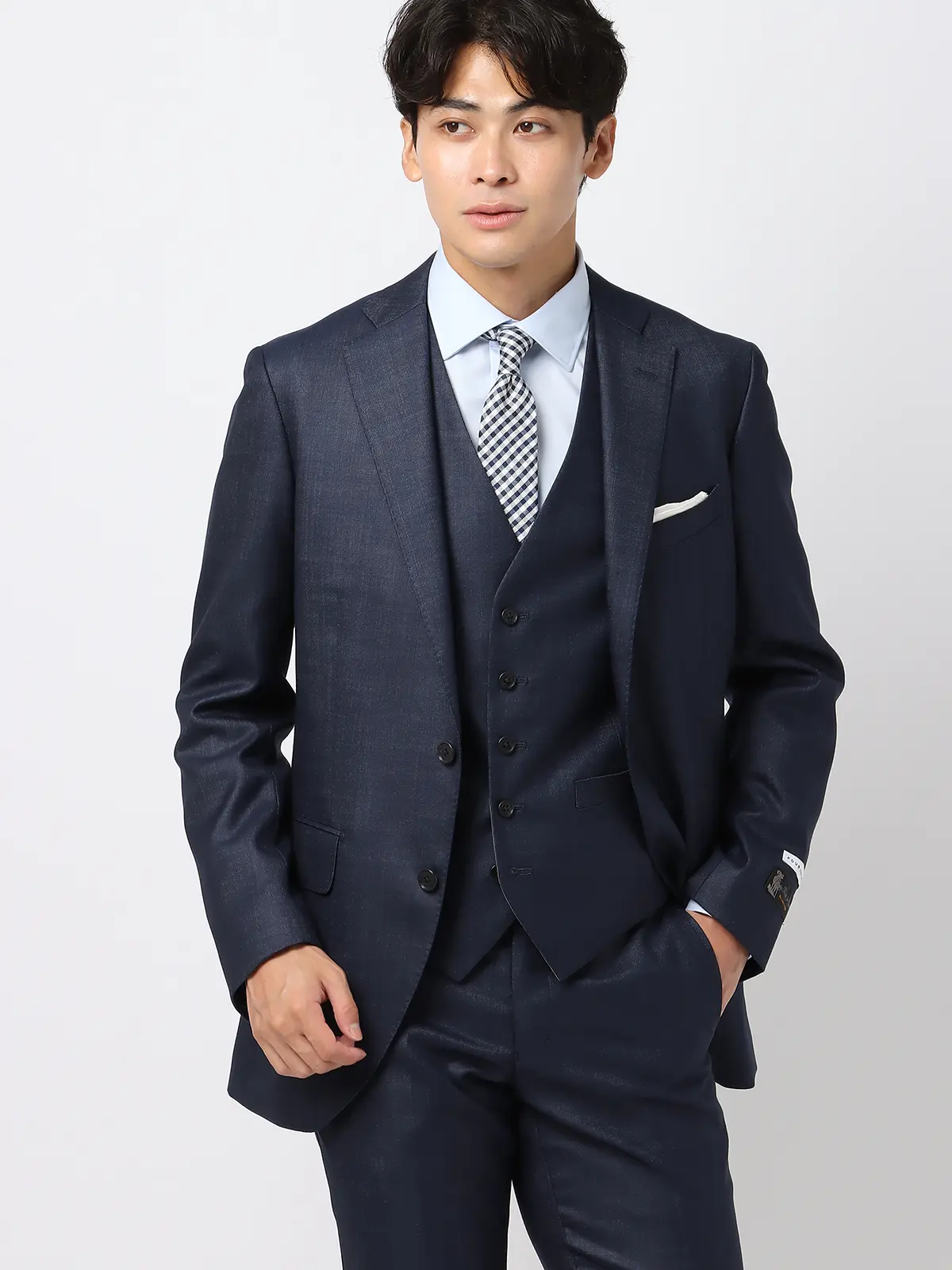 スーツ／スリーピース／フォーマル兼用／2つボタン／デニムルック