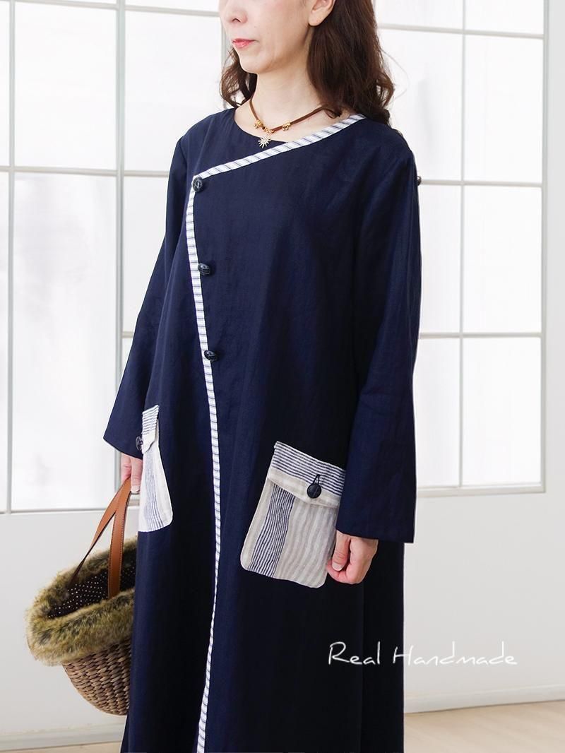 ネイビーリネン|フラップポケットマキシワンピース - REAL HANDMADE