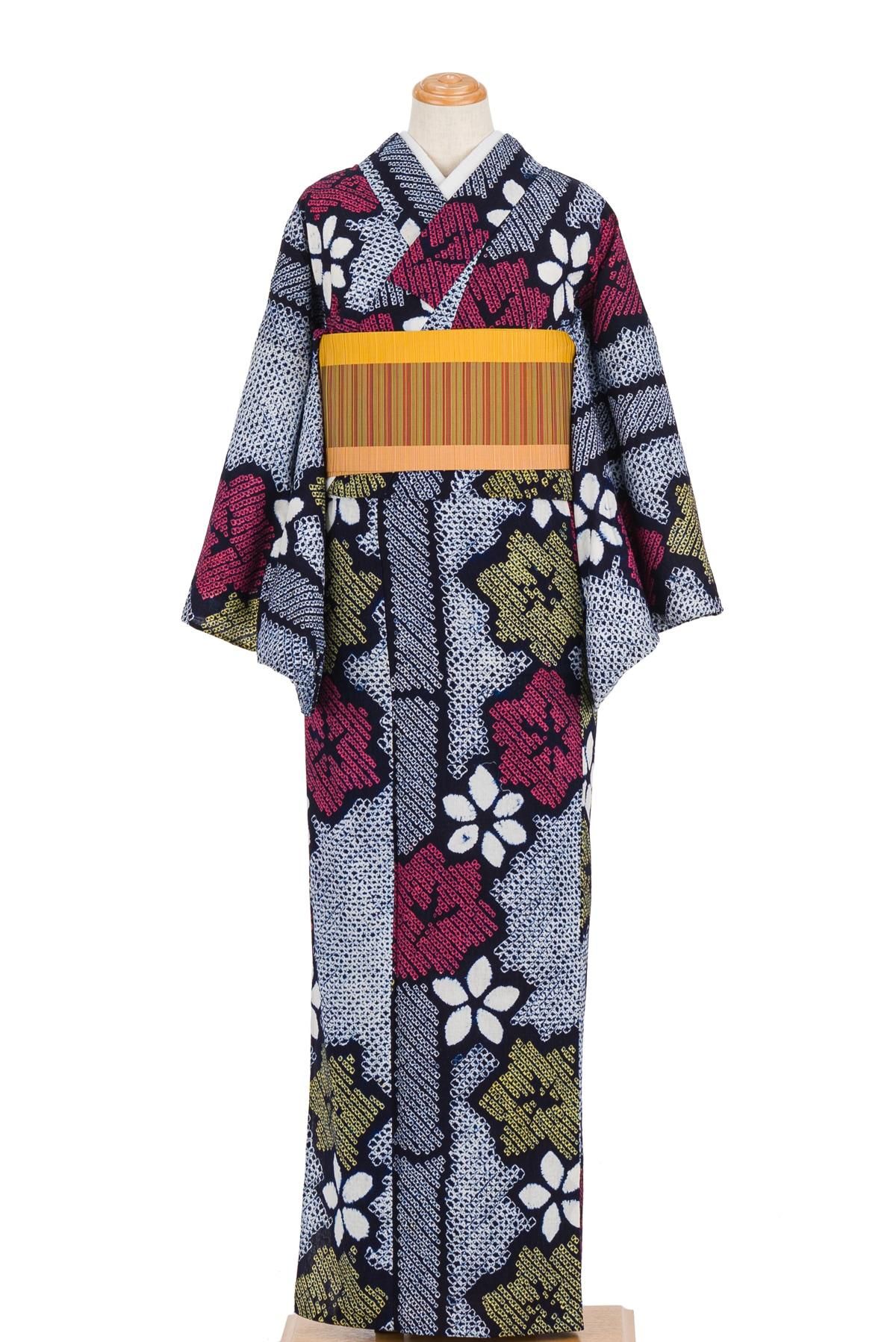 有松絞り浴衣 竹と花 - からん::アンティーク着物・リサイクル着物の