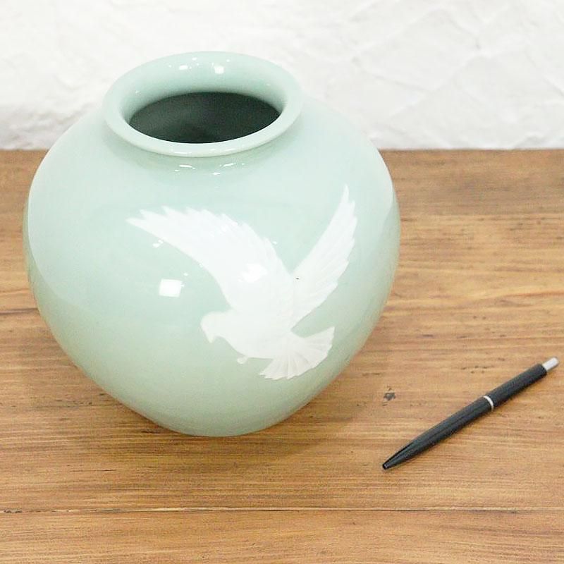 花瓶 青磁 花器 日本製 染付磁色 ふっくら 昭和初期