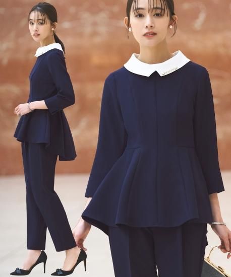 2WAYパール付け襟・タックフレアトップス＋シークレットゴムパンツ
