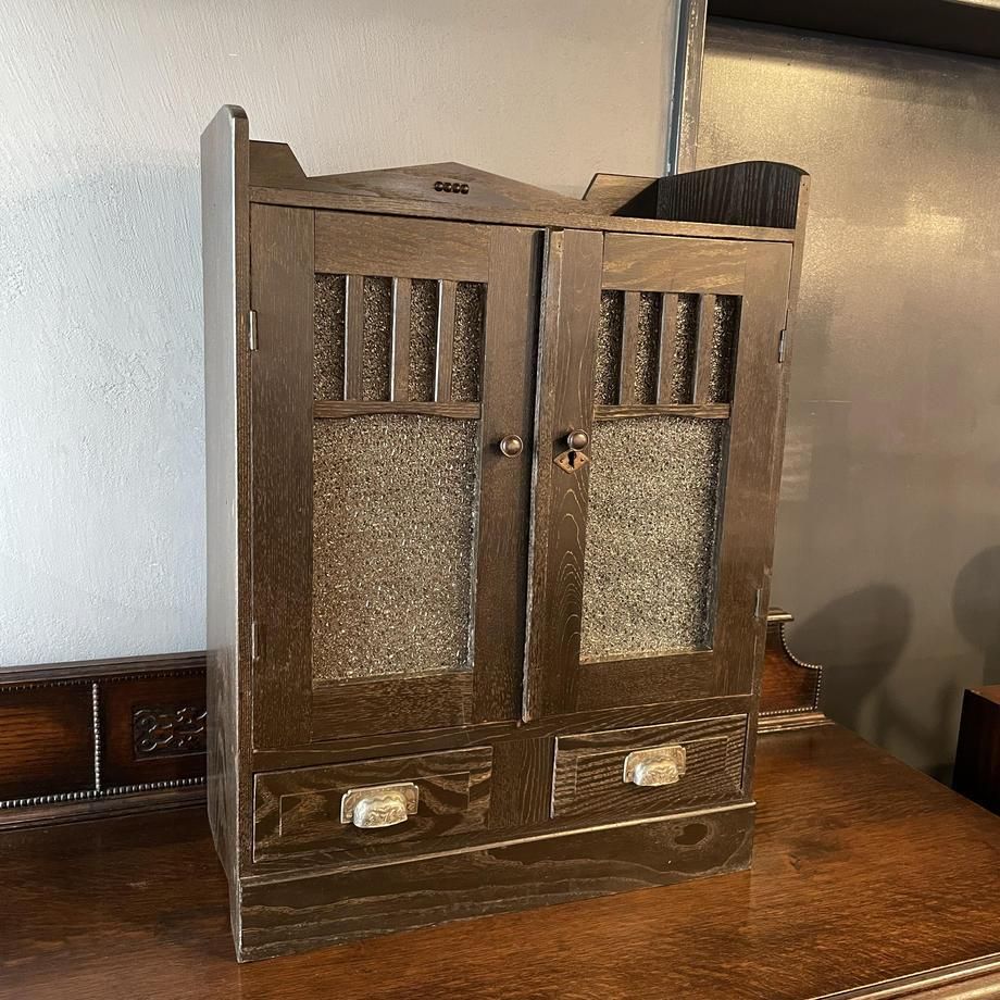 昭和初期 小さめガラス棚 木製 食器収納 アンティーク