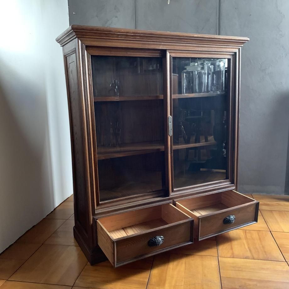 昭和初期 アンティーク ガラス棚 木製 食器棚