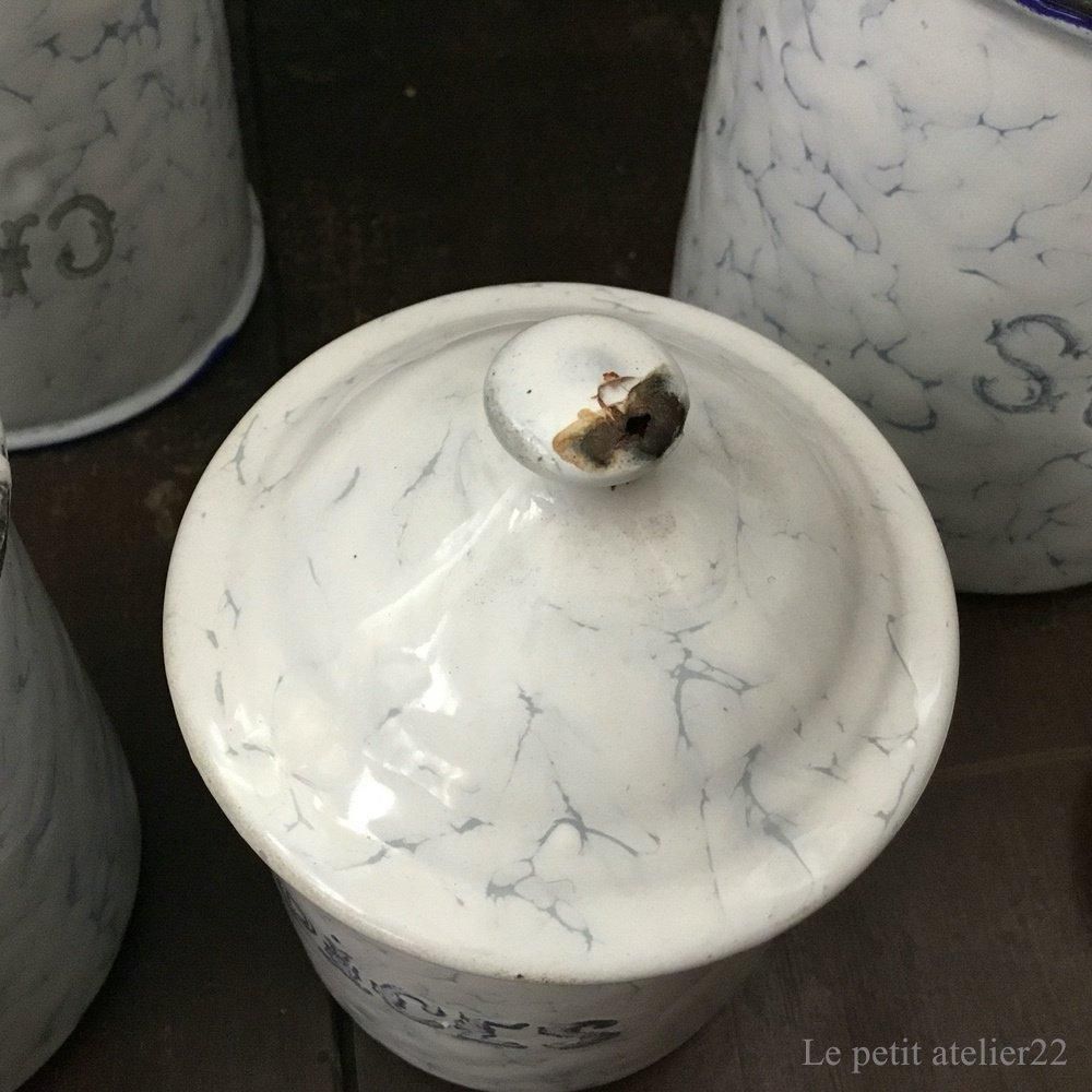 6個セット) フランス アンティーク ホーロー キャニスター 青 マーブル