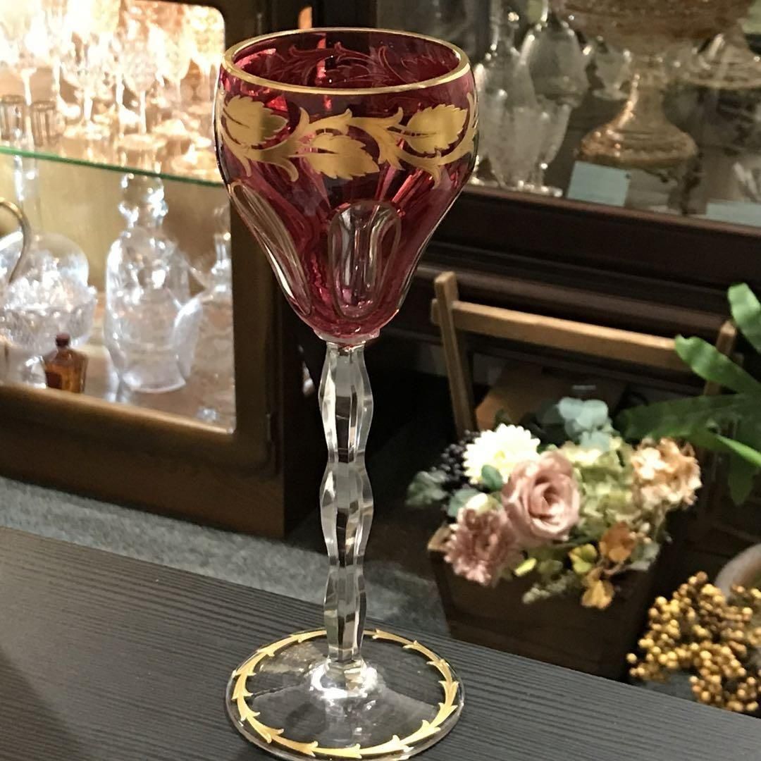 アンティークMOSERモーゼル24金装飾の被せレッドワイングラス