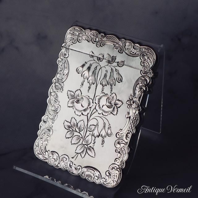 繊細な薔薇彫刻 英国製アンティーク銀カードケース