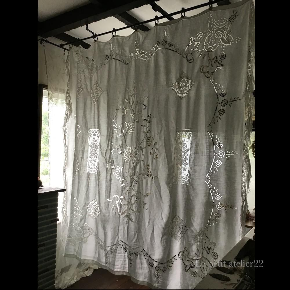 特大) フランス アンティーク リネン カットワーク リシュリュー刺繍