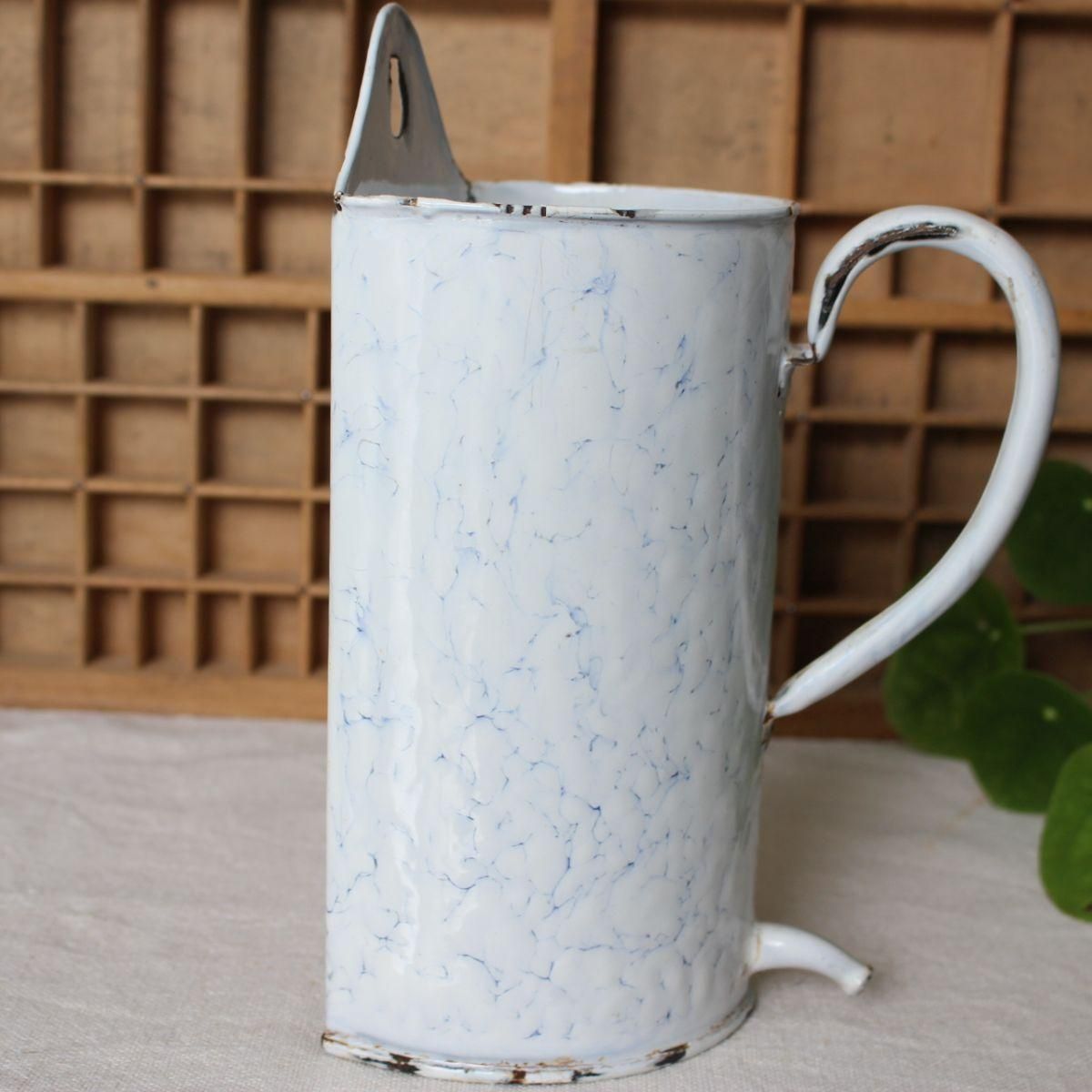 レア！フランスアンティーク水色黒い小鳥とお花手描きのホーロー