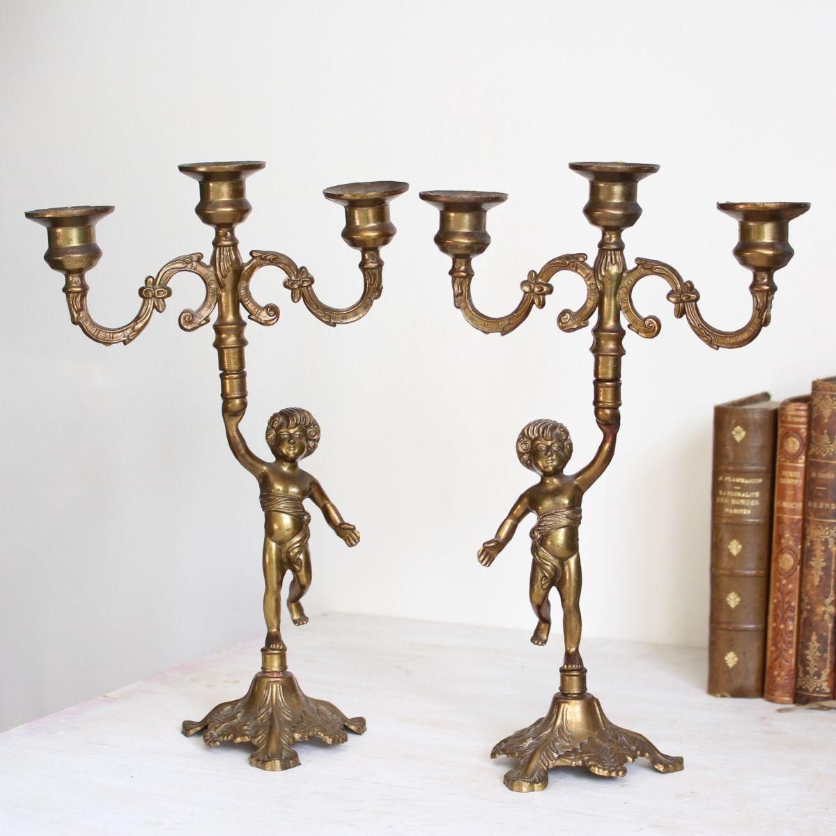 フランス アンティーク 真鍮製 エンジェル キャンドルスタンド