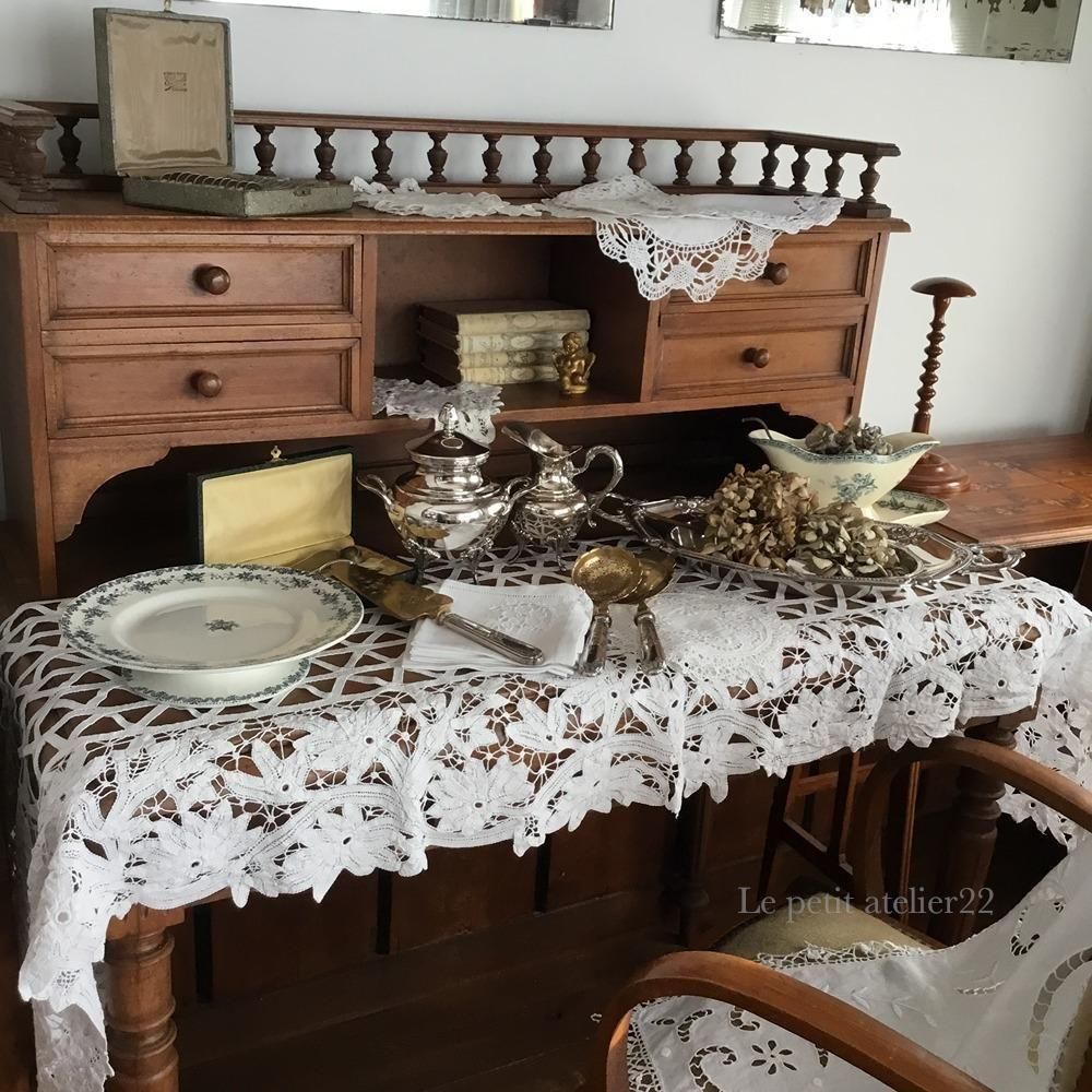 フランス アンティーク リネン カフェカーテン/チェストカバー バテン