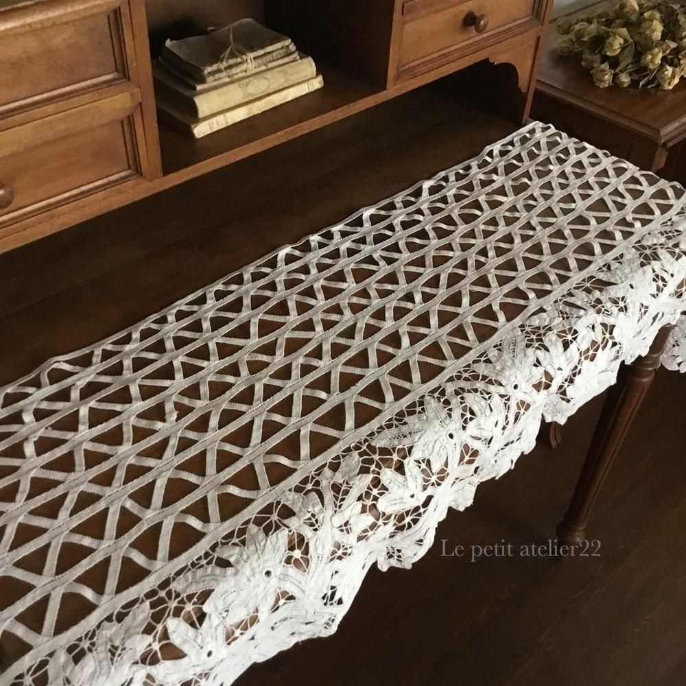 フランス アンティーク リネン カフェカーテン/チェストカバー バテン