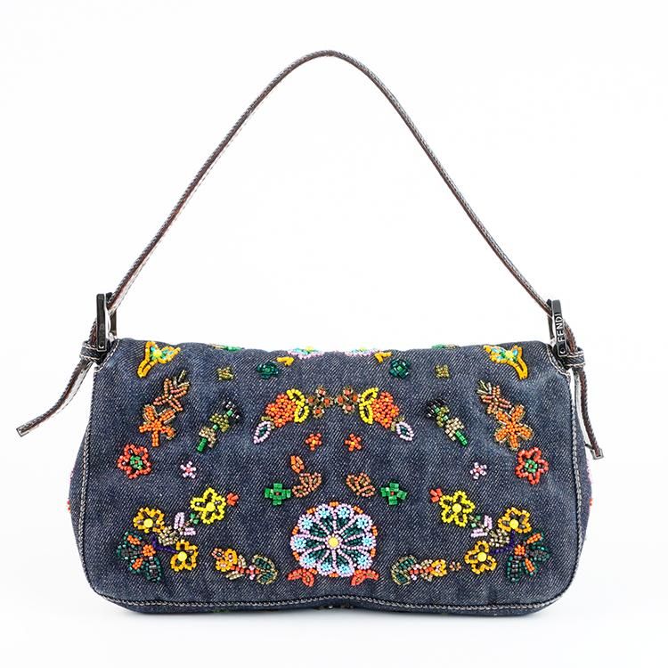 ビーズ刺繍デニムマンマバケット ブルー×ブラウン ヴィンテージ