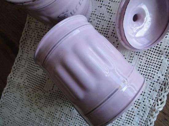 フランス ピンクのアンティークホーローキャニスター 3個セット