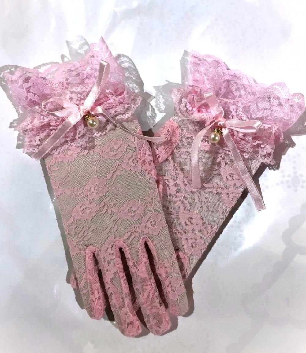 ◇受注商品◇モチーフ付き花柄レース地ショート手袋：ピンク×白パール