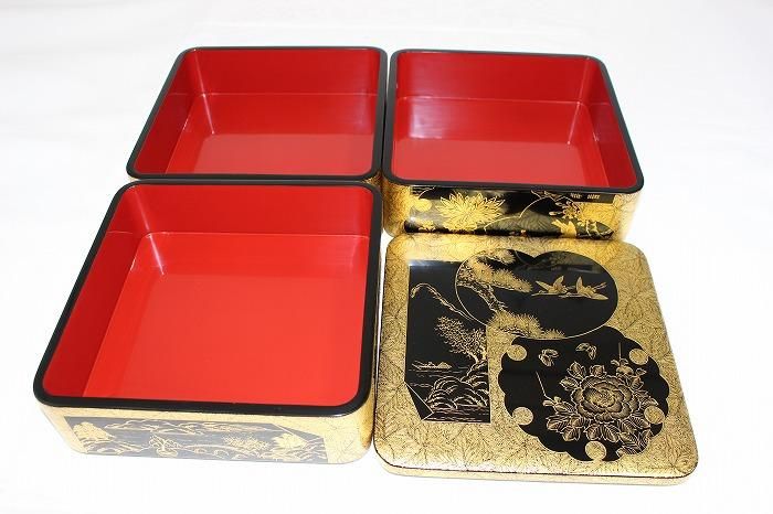 I-417輪島塗堅地布着地紙沈金彫五段重箱重台付 国田春人作 - 石川県