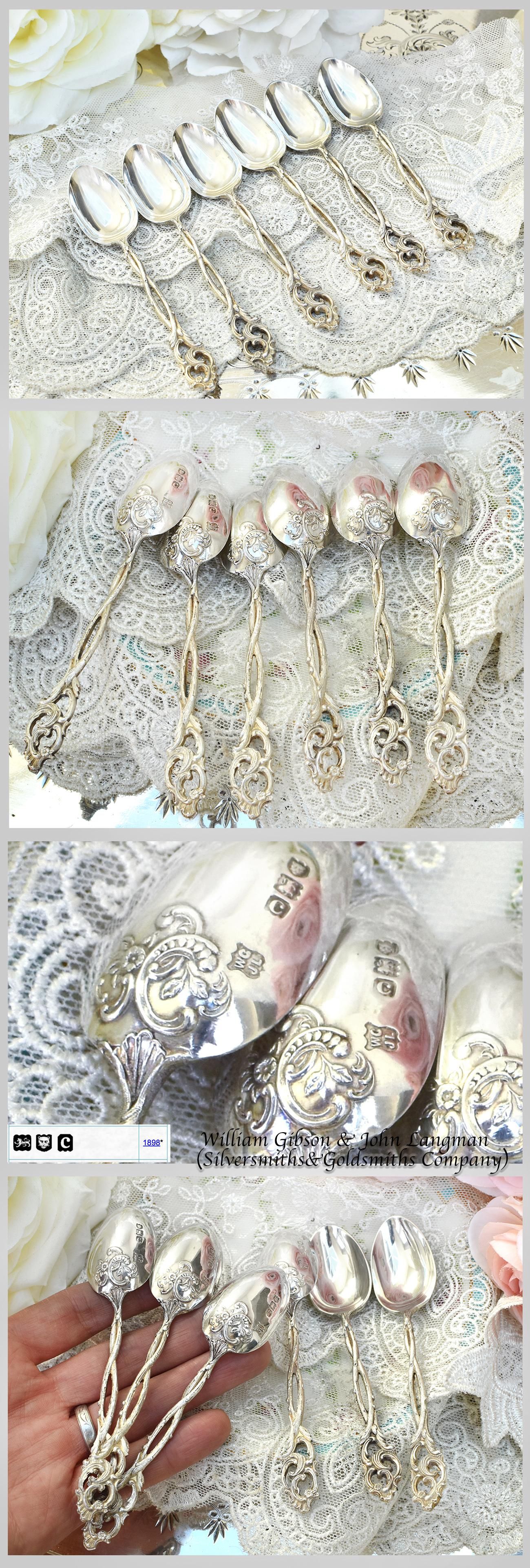 英国アンティーク銀器【純銀】ティースプーンセット 6本 G&S