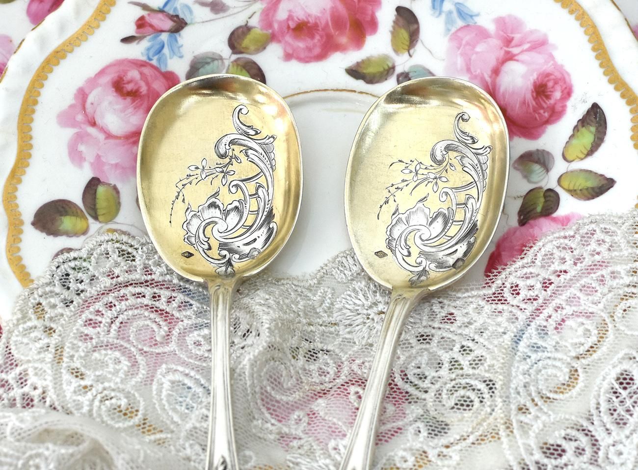 仏アンティーク銀器【銀950】アイスクリームスプーン2本 - Edwardian