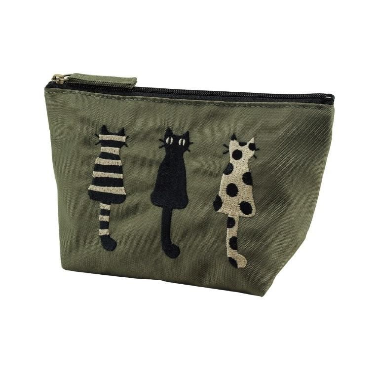 仲良し猫 刺繍Tマチ付ポーチ （カーキ）(完売) - Atsuko Matano 公式