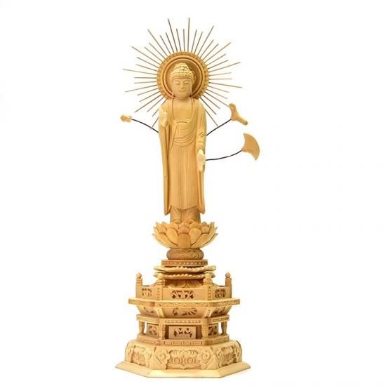 東形阿弥陀如来】 放射光背六角台 桧木 立4.5寸