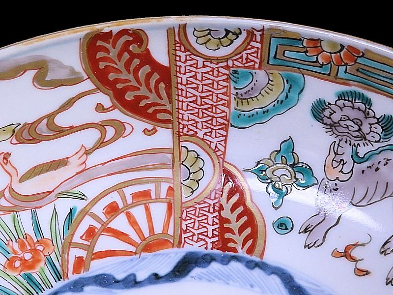 古伊万里 色絵 花鳥紋に獅子の図 深鉢