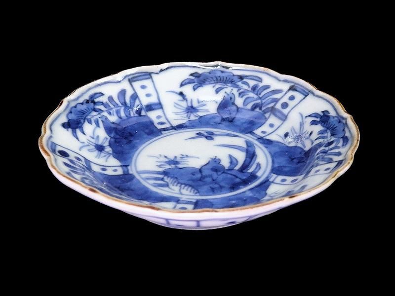 古伊万里 染付 芙蓉手 草花紋に鳥図 豆皿