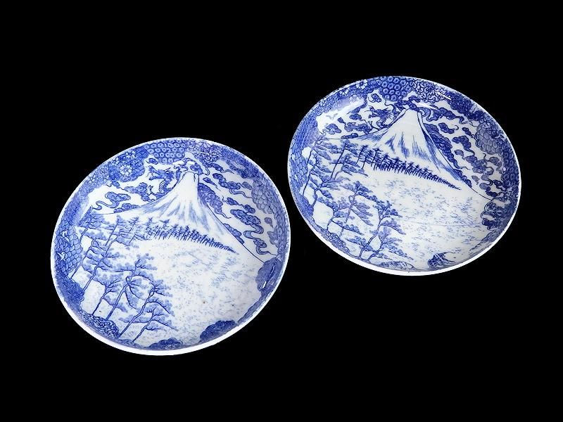 古伊万里 染付 型刷り印判 富士に龍図 5寸皿 2枚セット