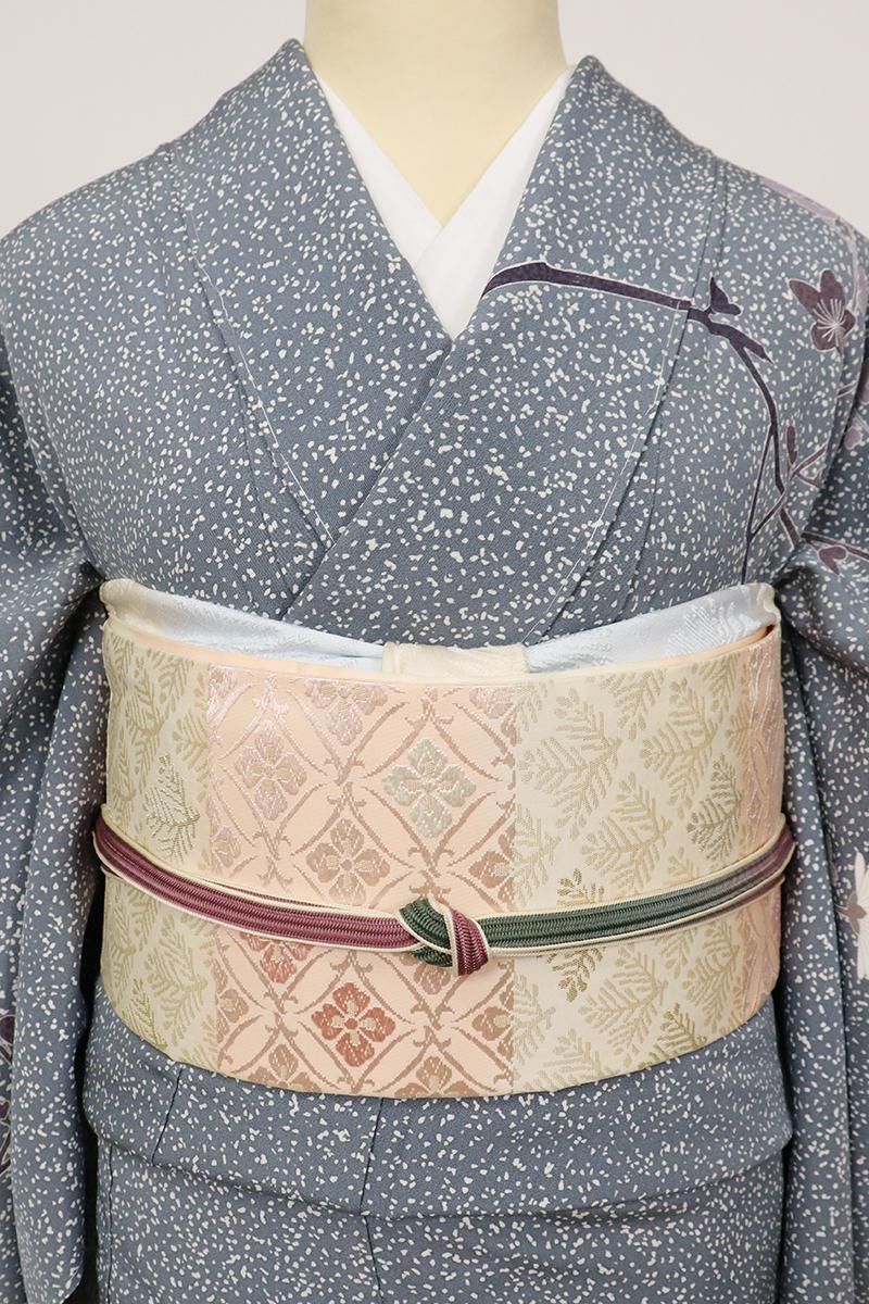 銀座【L-7143】袋帯 練色×洗柿色 横段に七宝文や松菱文 - 銀座きもの