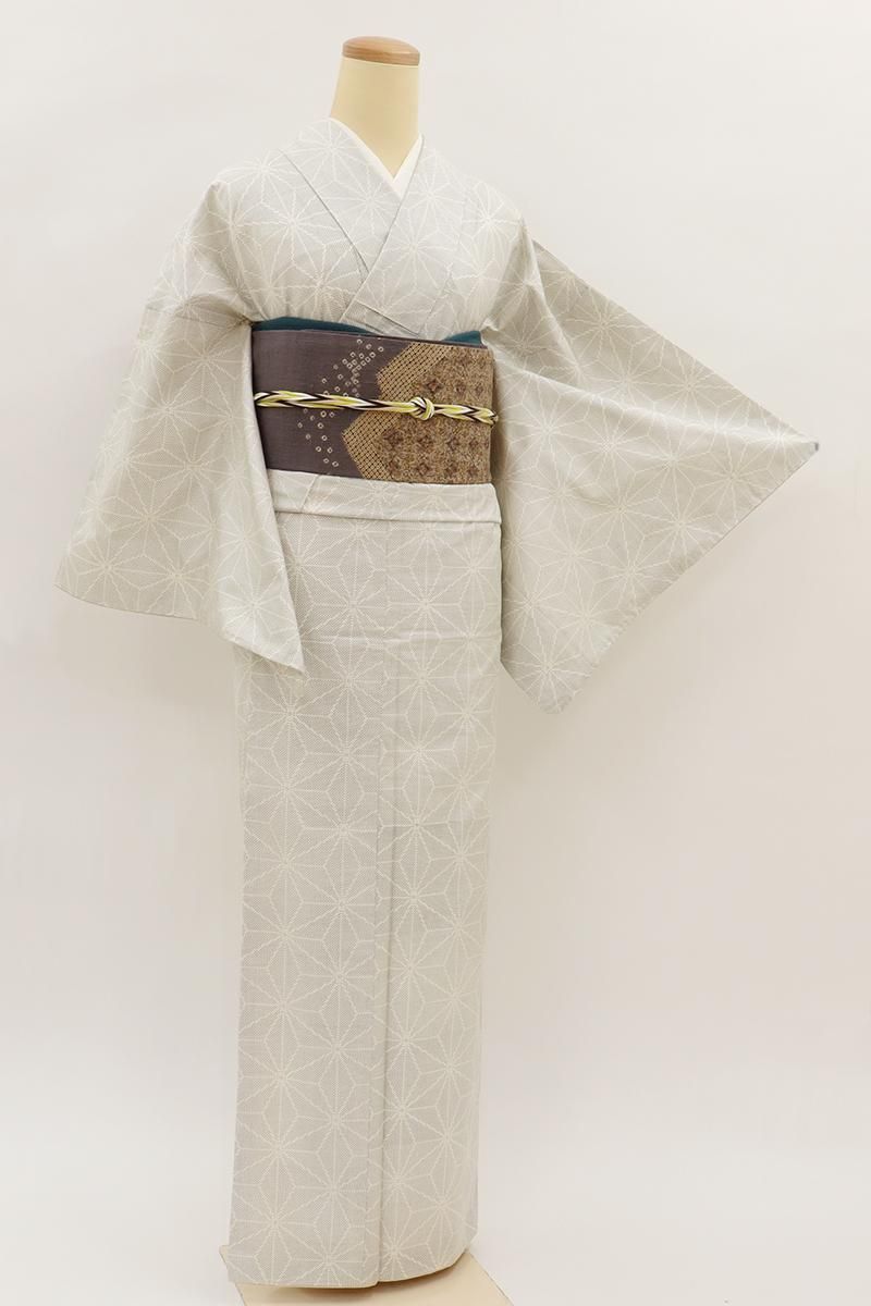 銀座【A-4033】白大島紬 絹鼠色 麻の葉文 :身丈159/裄67.5 - 銀座