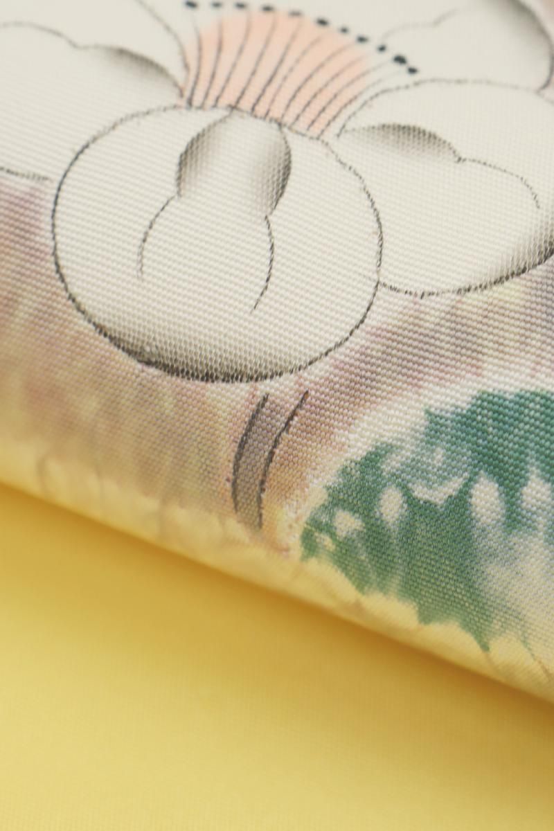 銀座【H-0013】森健持作 染名古屋帯 淡黄色 辻が花文（落款入） - 銀座