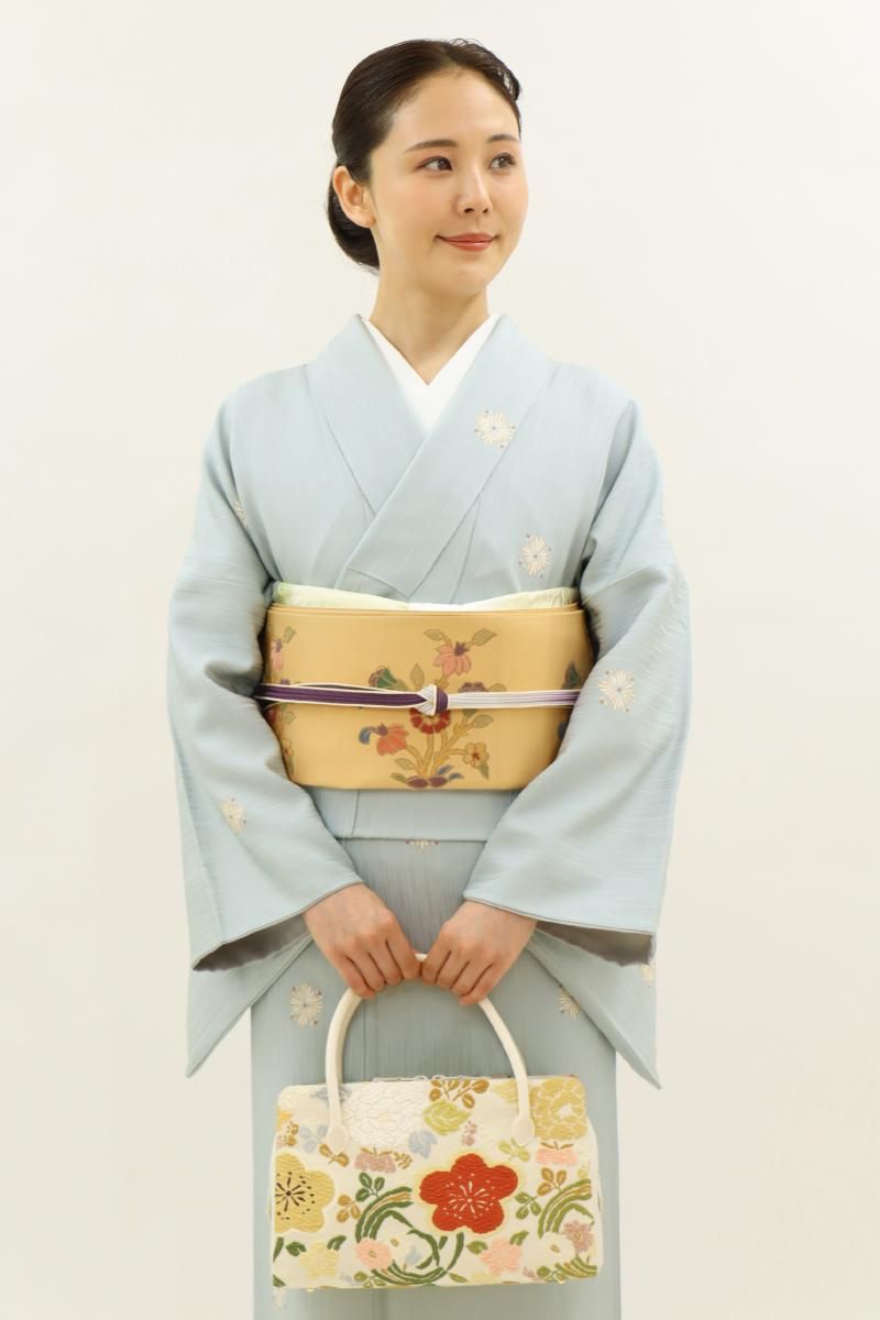 あおき【L-7609】西陣 帯屋捨松製 袋帯 黄色系 唐花文（落款入