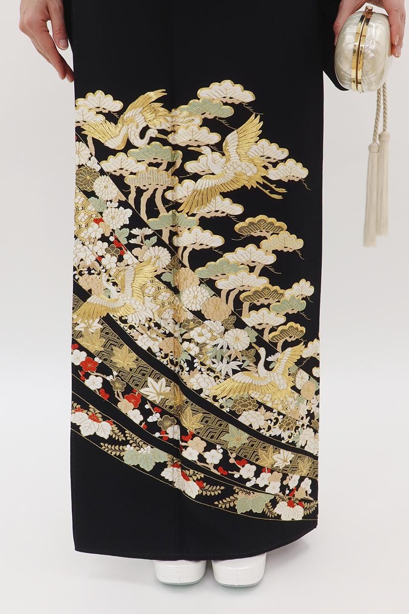 銀座【B-3910】染五ッ紋 総刺繍 黒留袖 四季花に鶴の図 :身丈157/裄67
