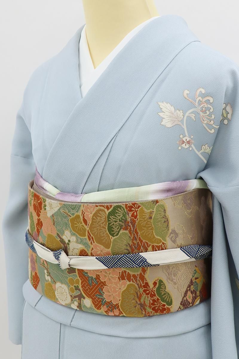 銀座【L-8002】袋帯 ベージュ系 遠山に宝尽くしや四季花文 - 銀座