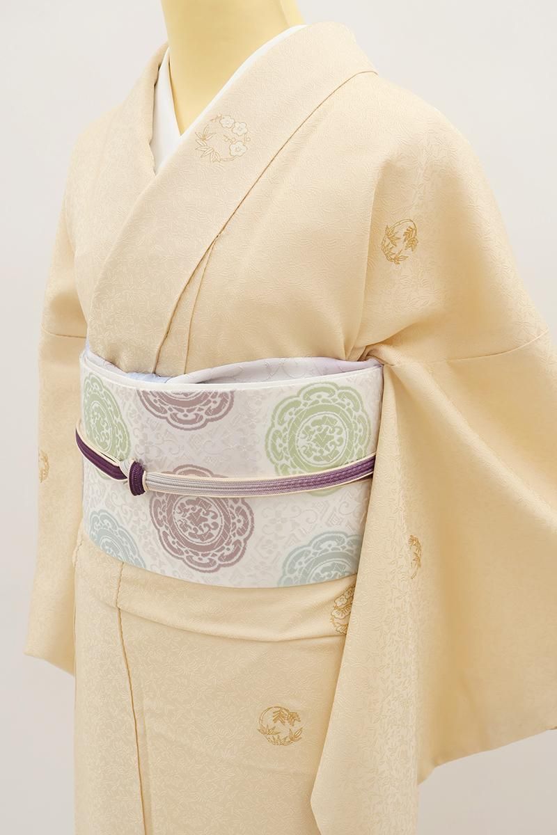 銀座【D-3743】小紋 クリーム色 松竹梅の丸文 :身丈160/裄69 - 銀座