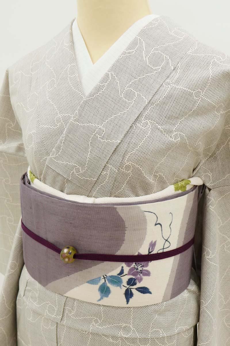 銀座【A-4077】単衣 白大島紬 淡い銀鼠色 瓦文:身丈157/裄64 - 銀座