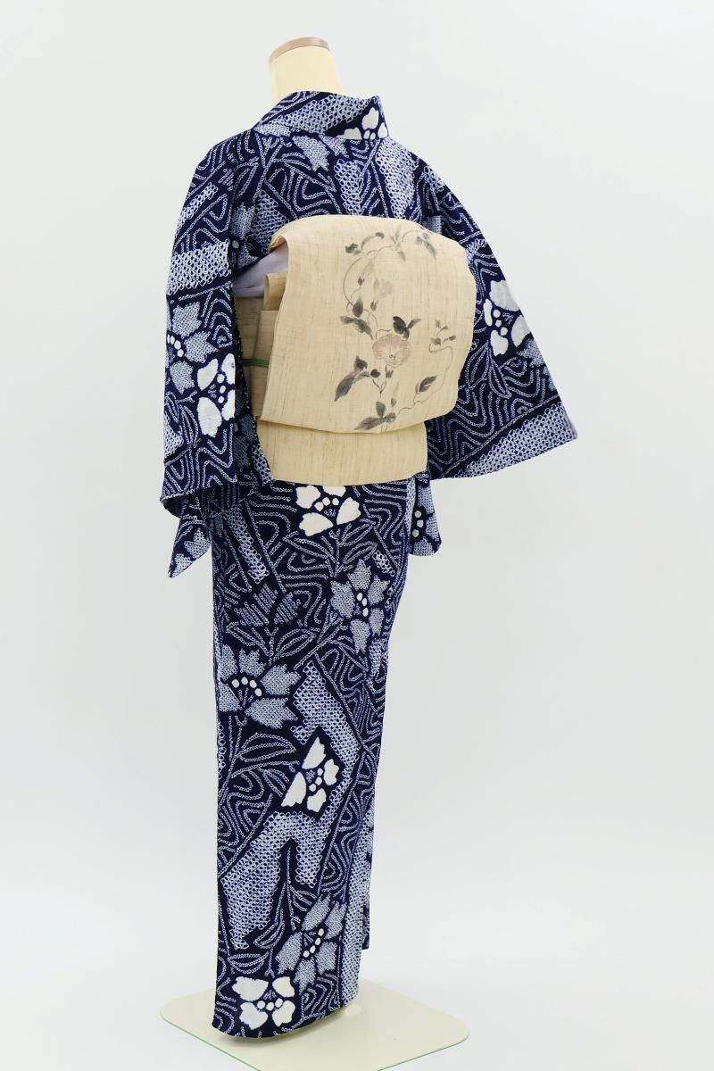 銀座【D-3812】有松鳴海絞り 木綿地 浴衣 紺色 花の図（反端付） :身丈