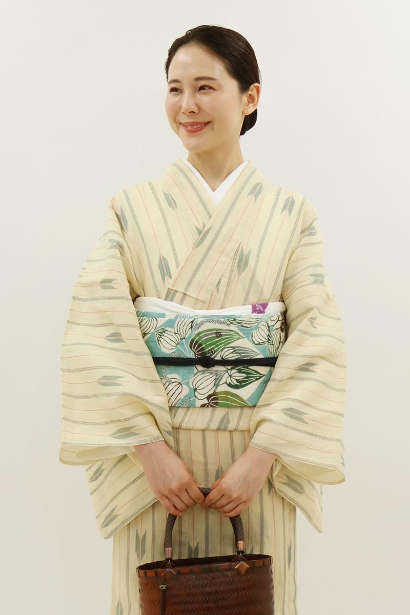 銀座【H-0512】栗山工房製 麻地 型染 名古屋帯 薄浅葱色×白色 菱取