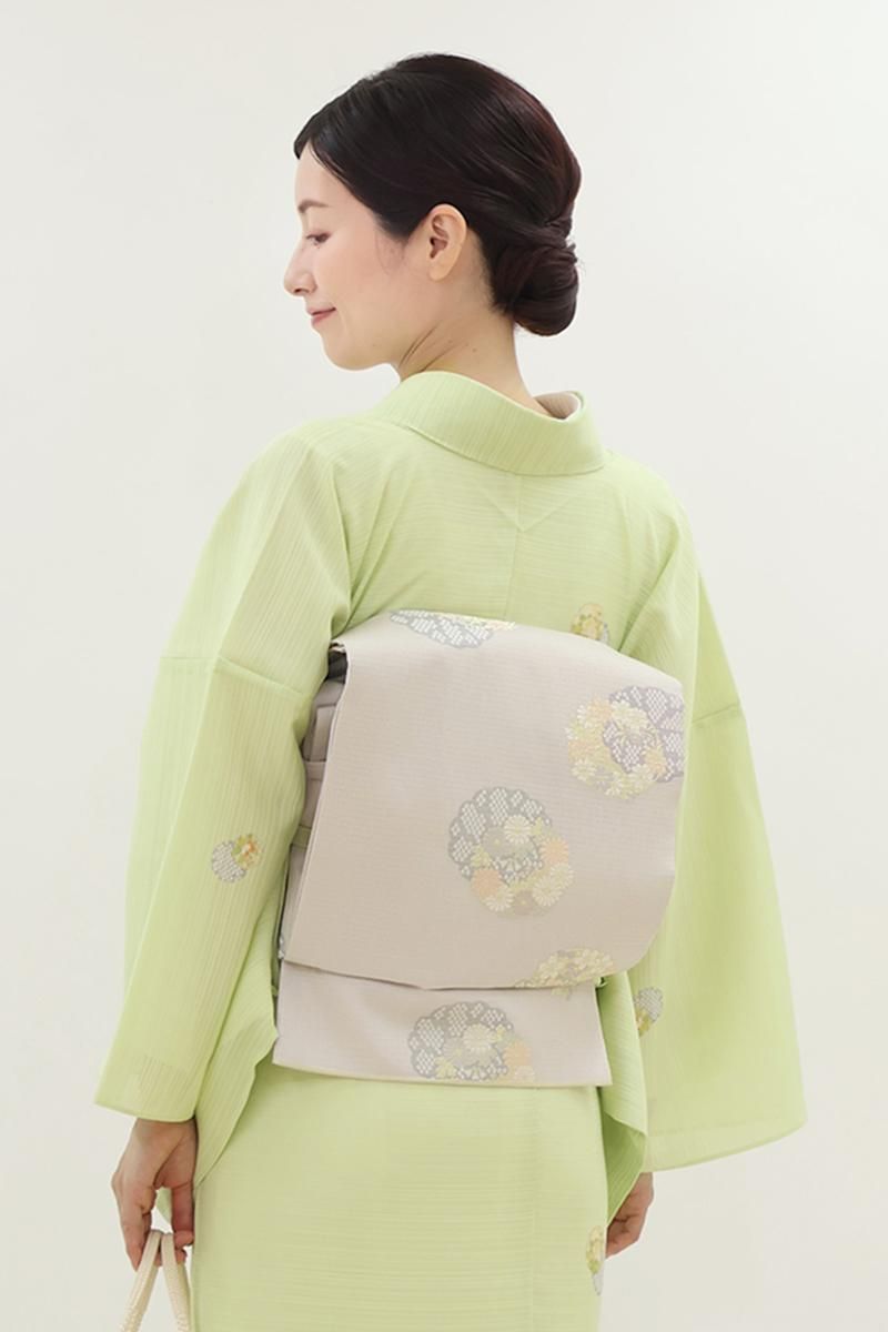 銀座【L-8240】西陣製 夏 袋帯 淡い桜鼠色 四季花の丸（証紙付