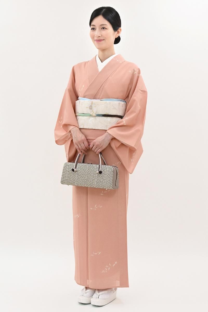 あおき【D-3846】絽 小紋 鮭色 花の図 :身丈162/裄66 - 銀座きもの青木