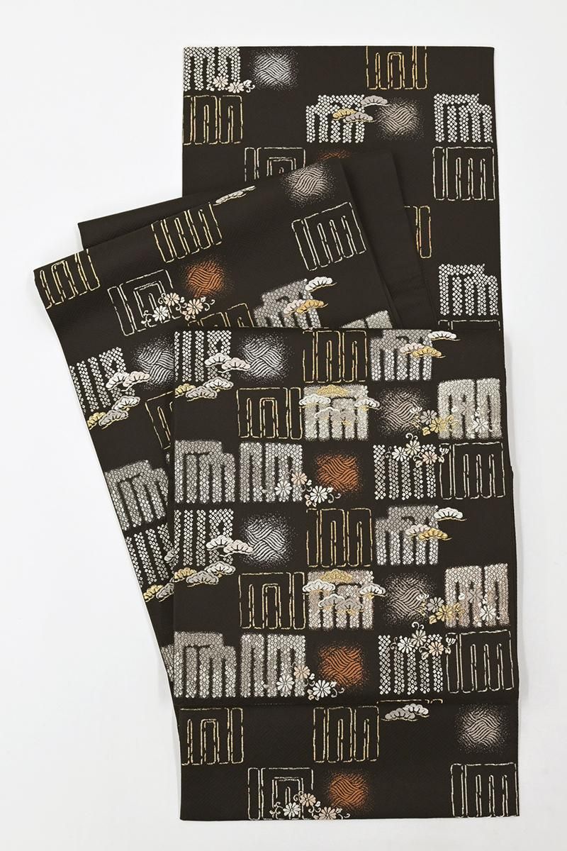 銀座【L-8373】西陣 加納幸製 袋帯 焦茶色 源氏香の図（落款入・証紙付