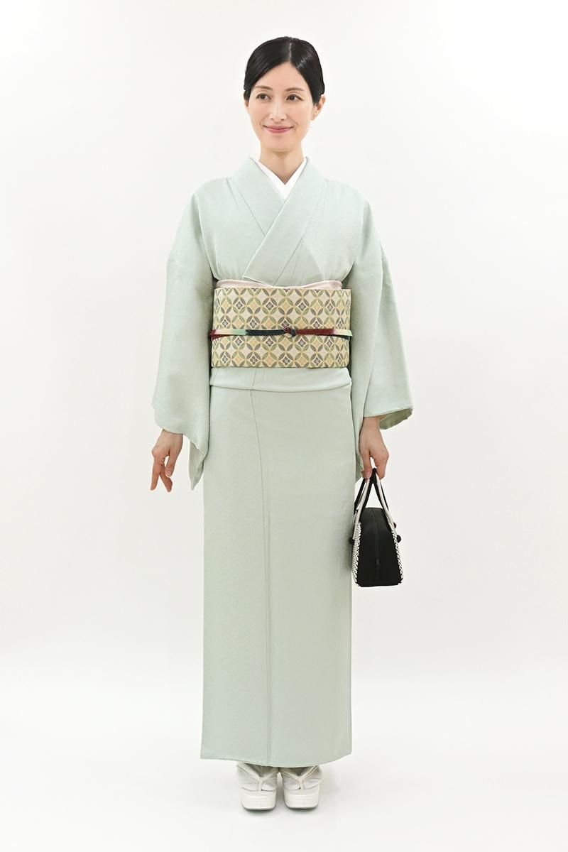 銀座【C-3259】色無地 水縹色 七宝の地紋(反端付)（N):身丈161/裄68