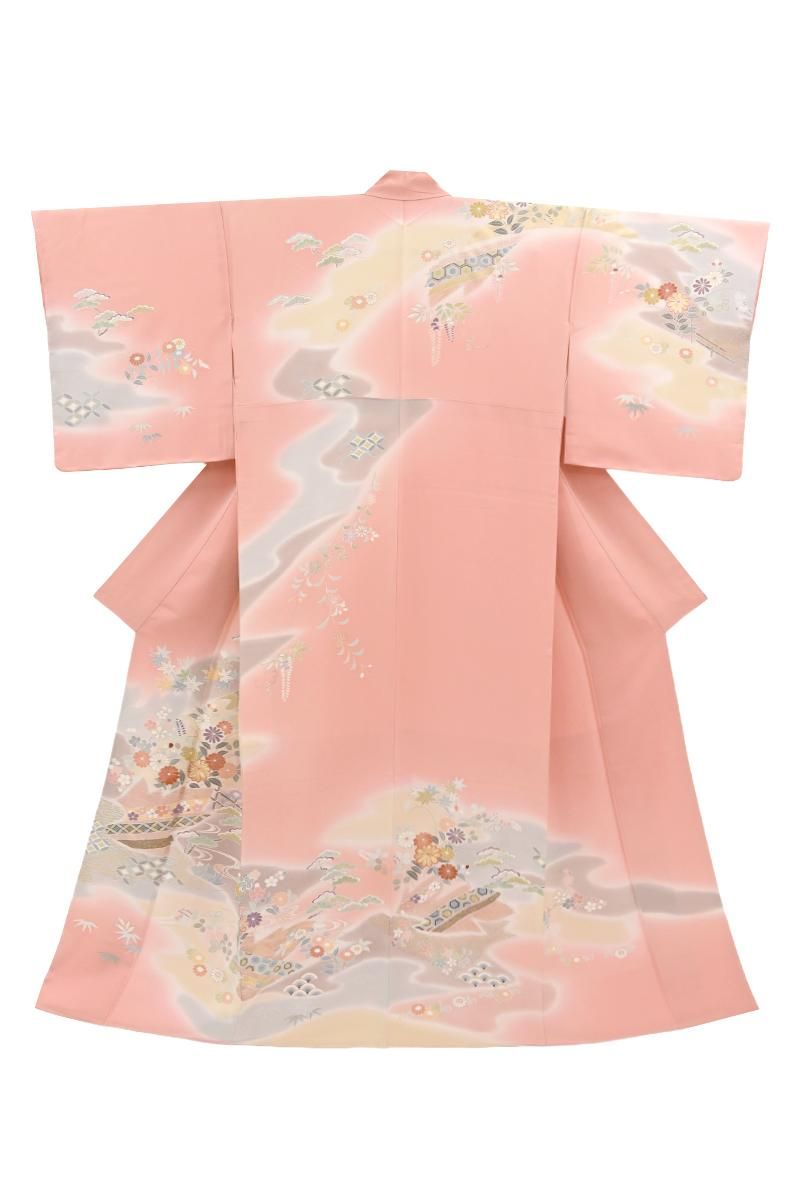 銀座【B-4277】訪問着 鴇色 霞暈かしに四季花文（松坂屋扱い） :身丈