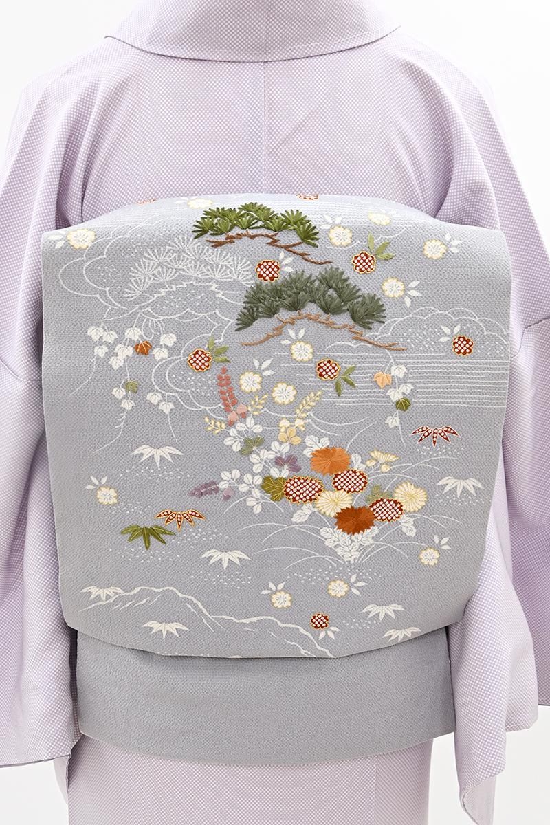 銀座【H-0814】縮緬地 染名古屋帯 銀鼠色 御所解文（長尺） - 銀座